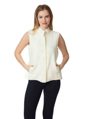 Tianello TENCEL™ "Rose" Jacquard Sleeveless "Oxford" Vest Jacket with Side Pockets-Natural