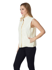 Tianello TENCEL™ "Rose" Jacquard Sleeveless "Oxford" Vest Jacket with Side Pockets-Natural