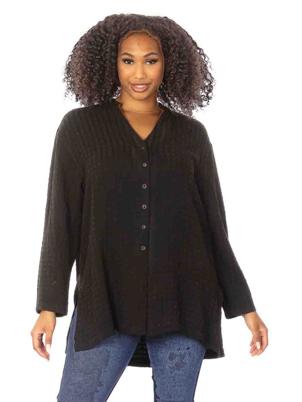 Tianello Plus Sized "Window Pane" Textured Sueded Cupro - Ghandi Blouse-Black