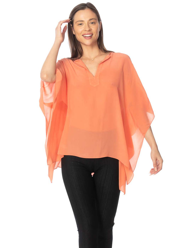 Tianello Crepe de Chine Washable Silk "Cerave" Kaftan-Monarch Coral