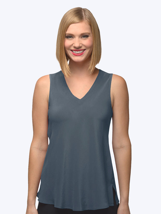 Tianello Crepe de Chine Washable Silk Erika Bias Tank-Coal