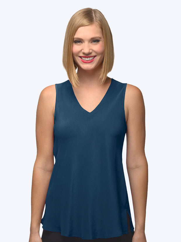 Tianello Crepe de Chine Washable Silk Erika Bias Tank-Midnight Teal