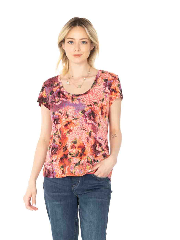Tianello "Becki" Printed Cotton Knit Burnout "Daily Tee"-Velvet Pink