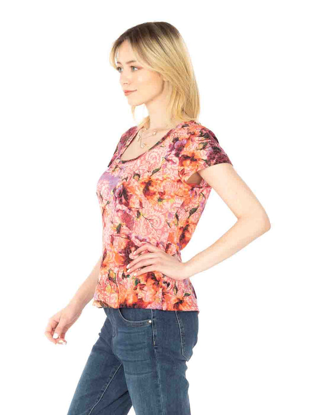 Tianello "Becki" Printed Cotton Knit Burnout "Daily Tee"-Velvet Pink