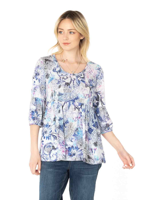 Tianello "Brita" Print Cotton Burnout "Shelby" Blouse-Wash