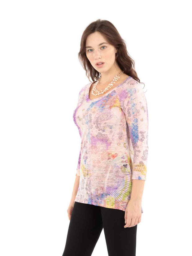 Tianello "Cecelia" Print Knit Jersey Burnout "Livia" Tunic -Orange Cream