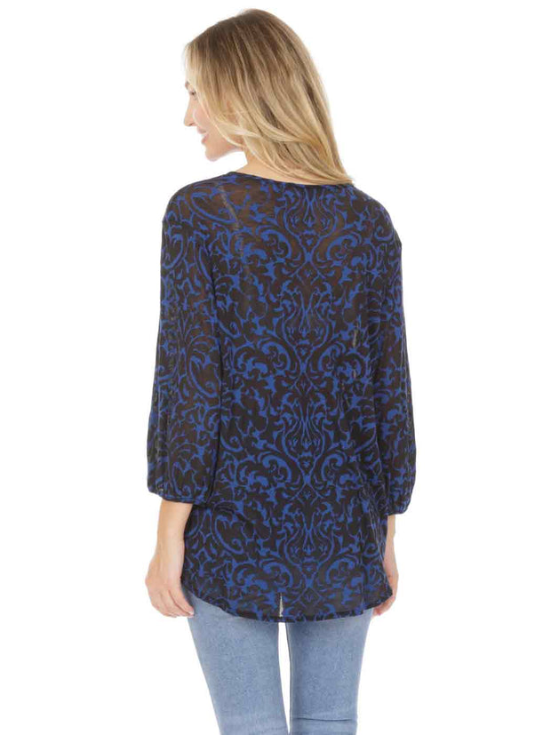 "DaVida" Print  Knit Cotton Burnout "Teylyne" Blouse-Electric Blue