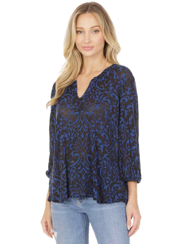 "DaVida" Print  Knit Cotton Burnout "Teylyne" Blouse-Electric Blue