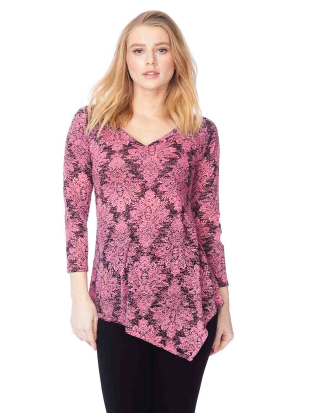 Tianello "Mirabella" Print Knit Burnout Jacquard "Toni" Tunic-Hot Pink