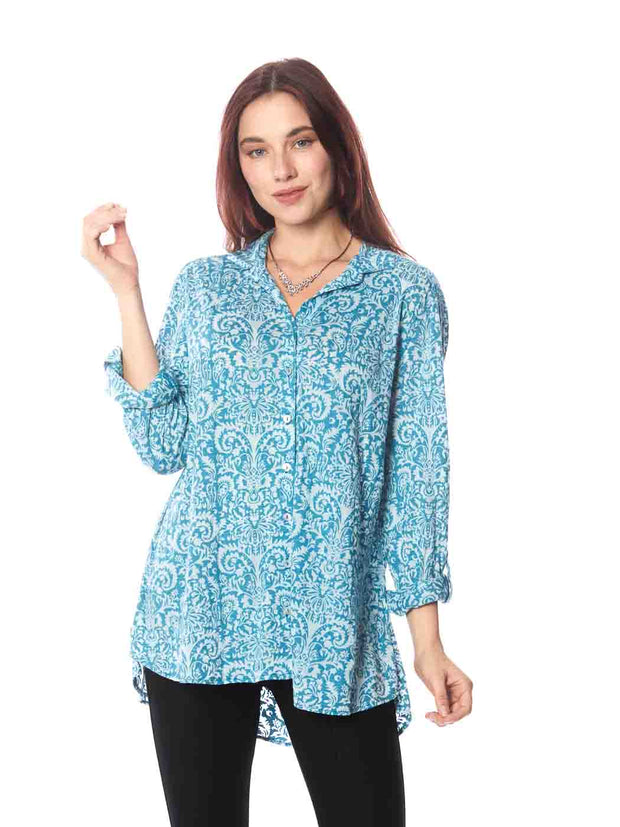 Tianello "Nelli" Cotton Burnout Knit  "Loving" Blouse-Midnight Teal