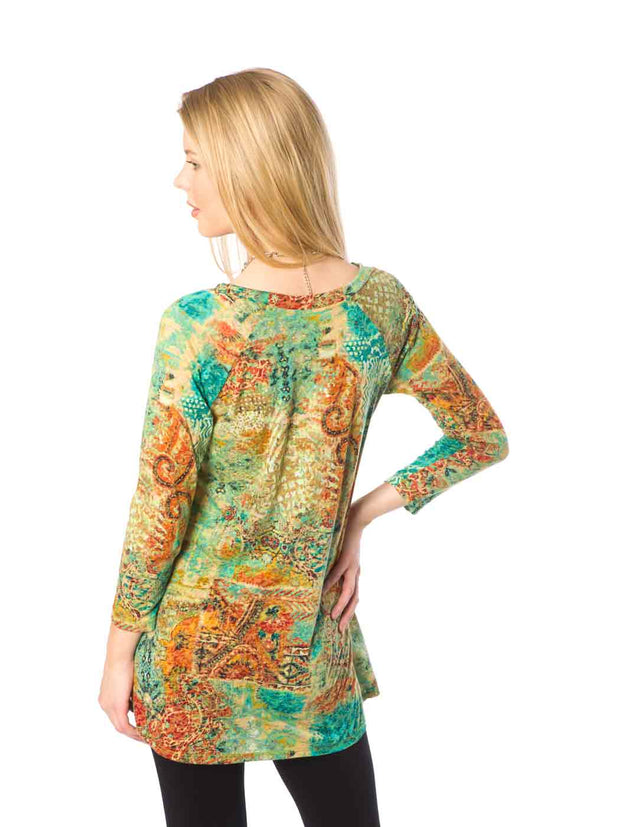 Tianello "Sheikh" Print Knit Jersey Burnout "Livia" Tunic -Hemp