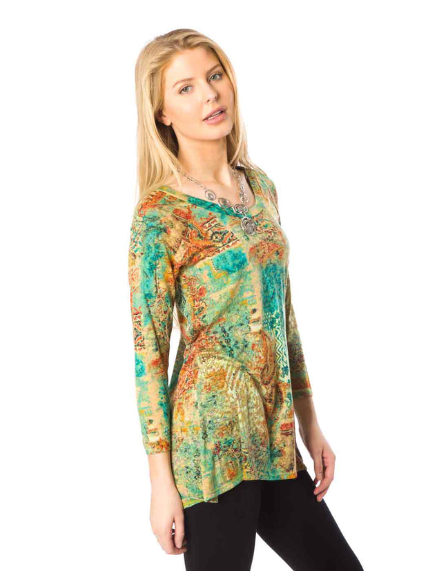 Tianello "Sheikh" Print Knit Jersey Burnout "Livia" Tunic -Hemp