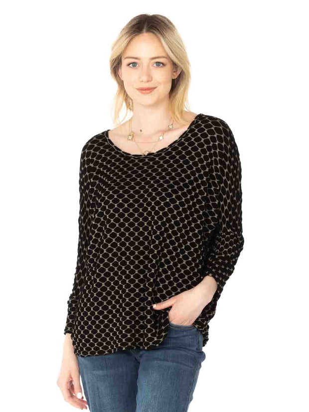 Tianello "Taupe Honeycomb" Knit Jersey "Gaby" Blouse-Black