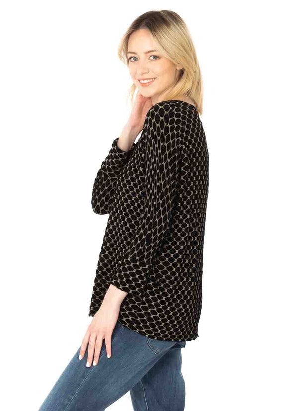 Tianello "Taupe Honeycomb" Knit Jersey "Gaby" Blouse-Black