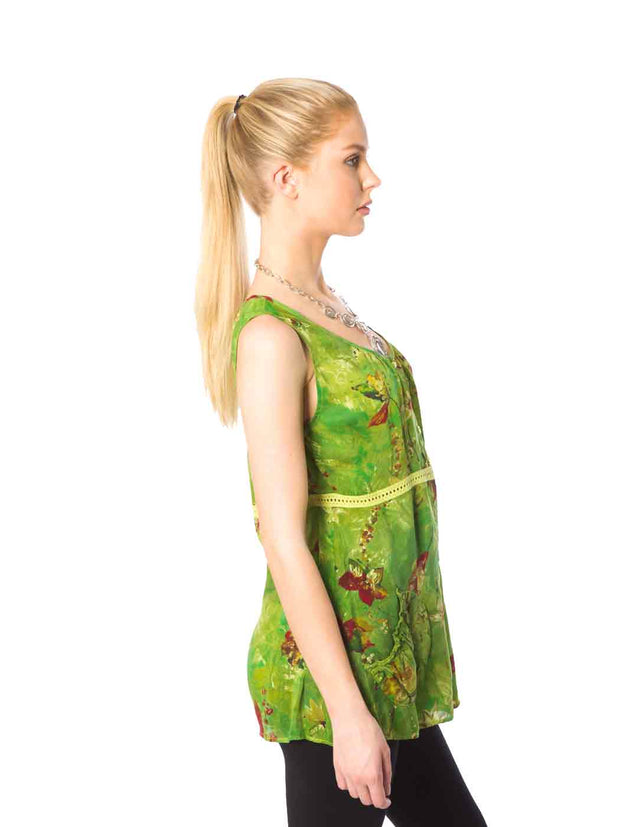 Tianello Sueded Cupro Print "Lindsey" Sleeveless Tank Blouse-Lime