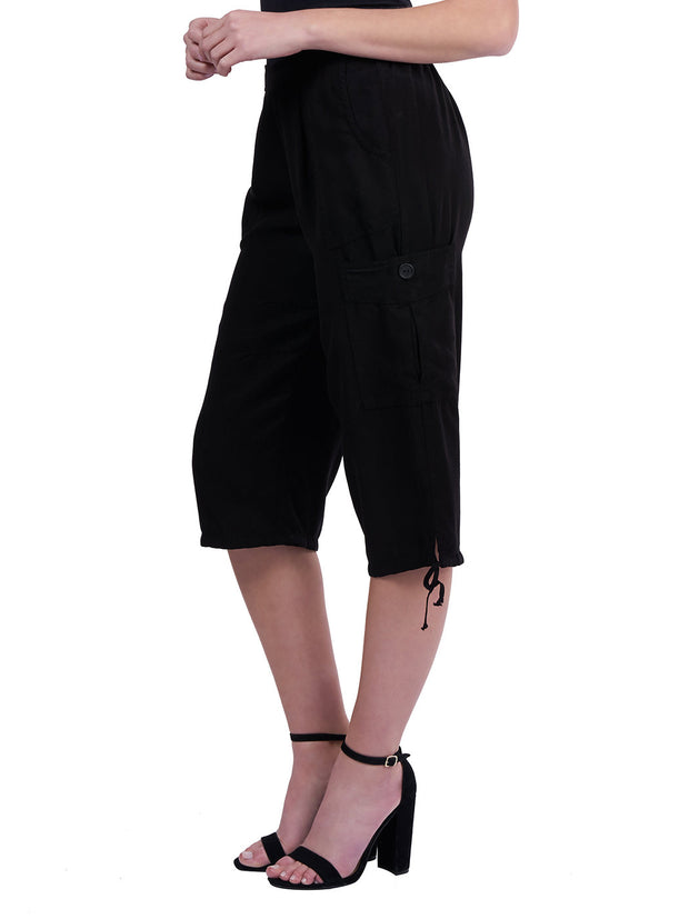 "Ivy  Light Weight TENCEL™" Cropped "Canyon" Cargo Pant-BLACK