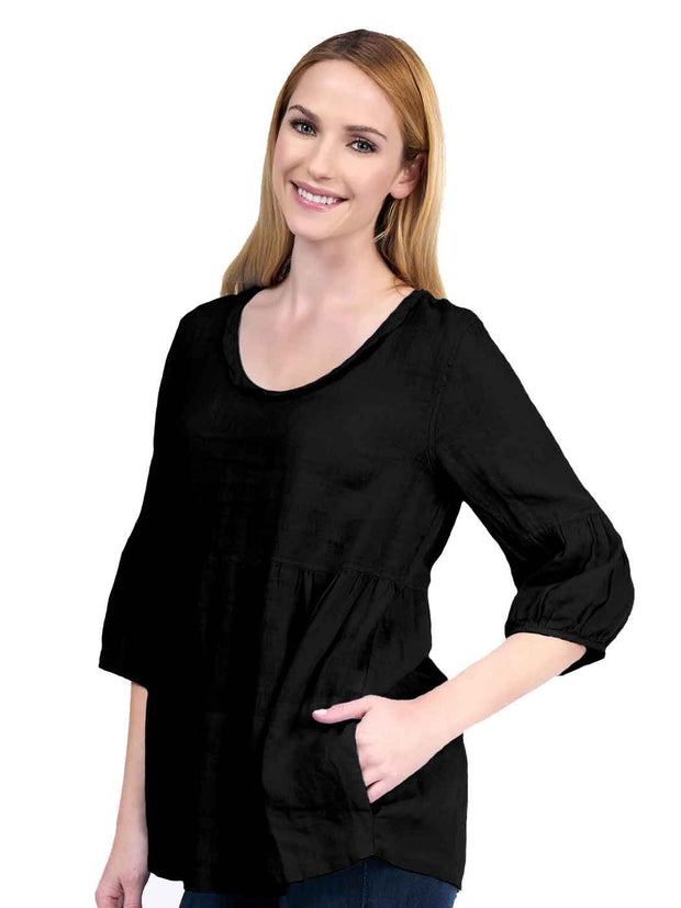 Tianello "Cejena" Cotton/Linen Jacquard Guaze, Woven "Shelby" Blouse-Black