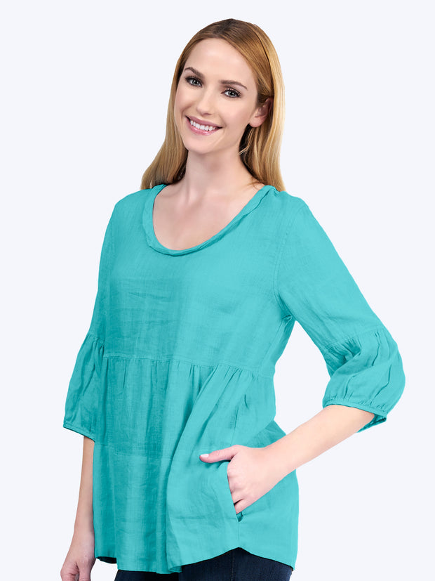 Tianello Dena Linen "Shelby" Blouse-Glass Blue
