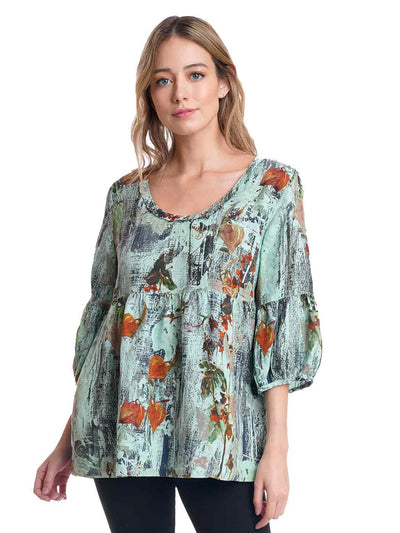 Tianello Hanky Linen "FAITH" Print "Shelby" Blouse-Pistacio