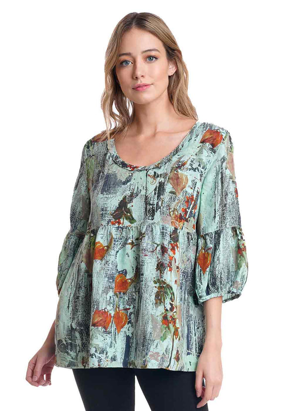 Tianello Hanky Linen "FAITH" Print "Shelby" Blouse-Pistacio