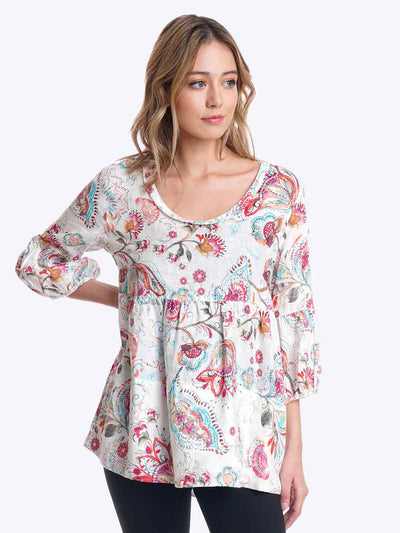 Tianello Hanky Linen "Casa Blanca" Print "Shelby" Blouse-WASH