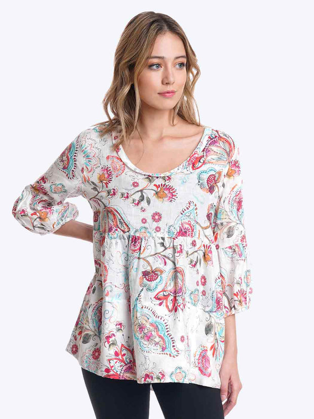 Tianello Hanky Linen "Casa Blanca" Print "Shelby" Blouse-WASH
