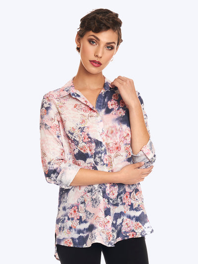 Tianello "Estee" Print Linen "Loving" Blouse-Wash