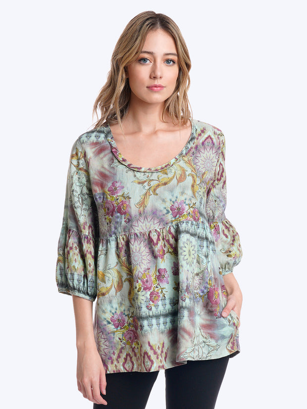 Tianello Eileen Linen "Shelby" Blouse-Pistachio