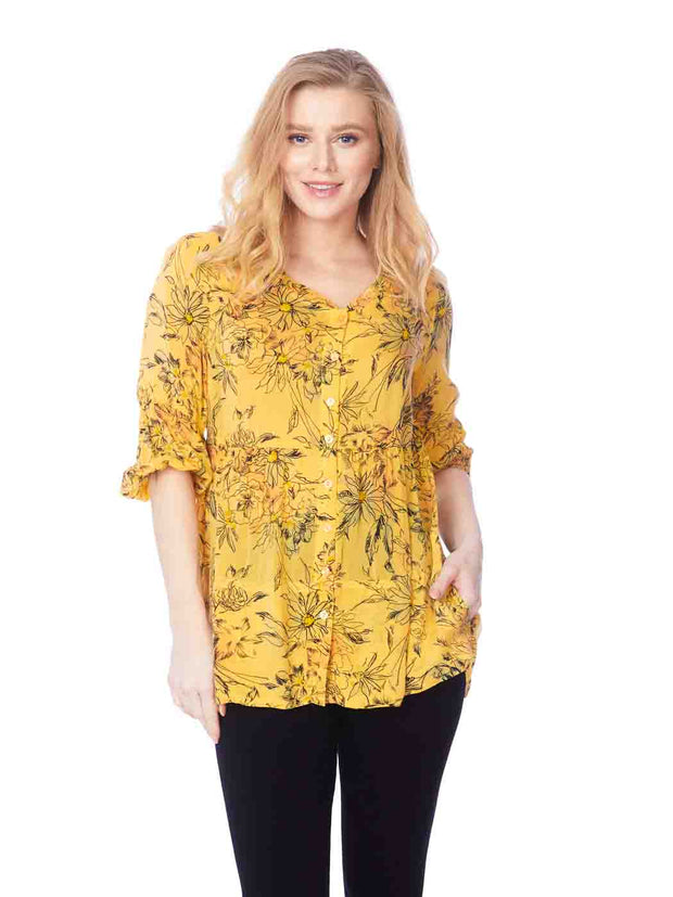 Tianello "Cupro"  "Cezanne" print "Lizette" 2 Pocket Blouse-Keyshia Yellow