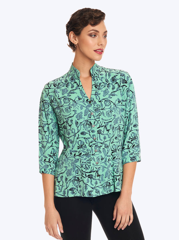 Tianello TENCEL "French Batik" Print Dynasty Blouse-Aqua Haze