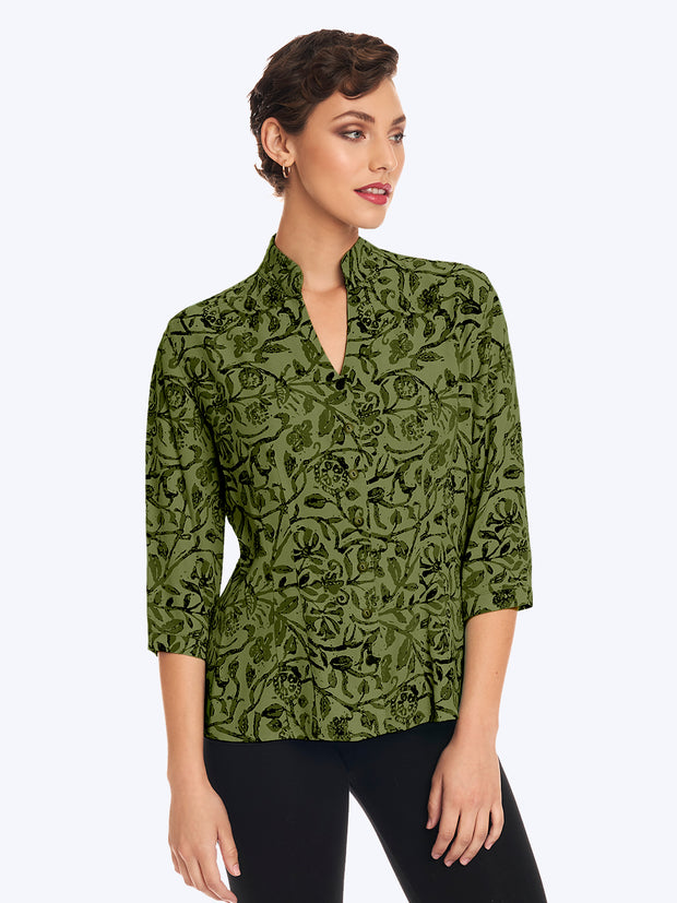 Tianello TENCEL™ "French Batik" Print "Dynasty" BlouseSpanish Olive