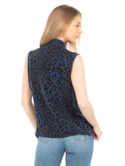 Tianello "Cheetah" Print TENCEL™  Sleeveless "Oxford" Vest Jacket with Side Pockets-Cobalt