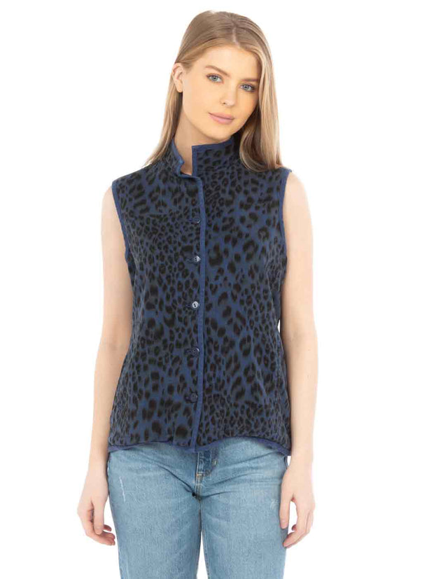 Tianello "Cheetah" Print TENCEL™  Sleeveless "Oxford" Vest Jacket with Side Pockets-Cobalt