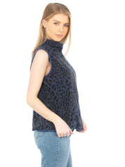 Tianello "Cheetah" Print TENCEL™  Sleeveless "Oxford" Vest Jacket with Side Pockets-Cobalt