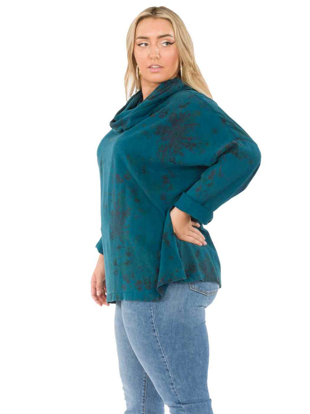 Plus "Spider Mum" Print TENCEL™ L.S. Cowl Blouse-Midnight Teal