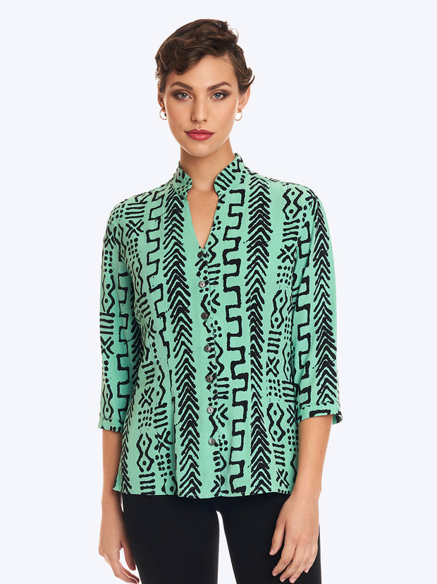 TENCEL™ "Mud" Print Dynasty Blouse-Aqua Haze