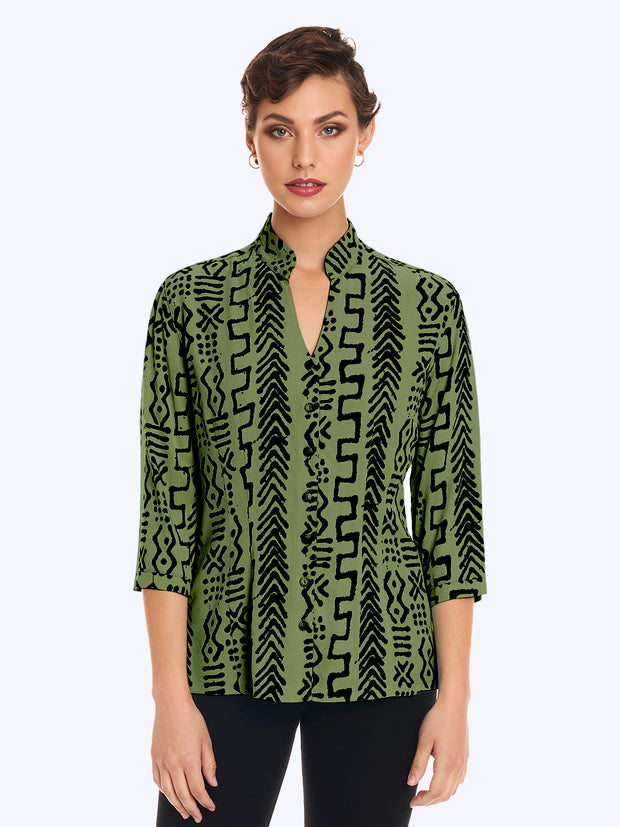 TENCEL™ "Mud" Print Dynasty Blouse-Spanish Olive