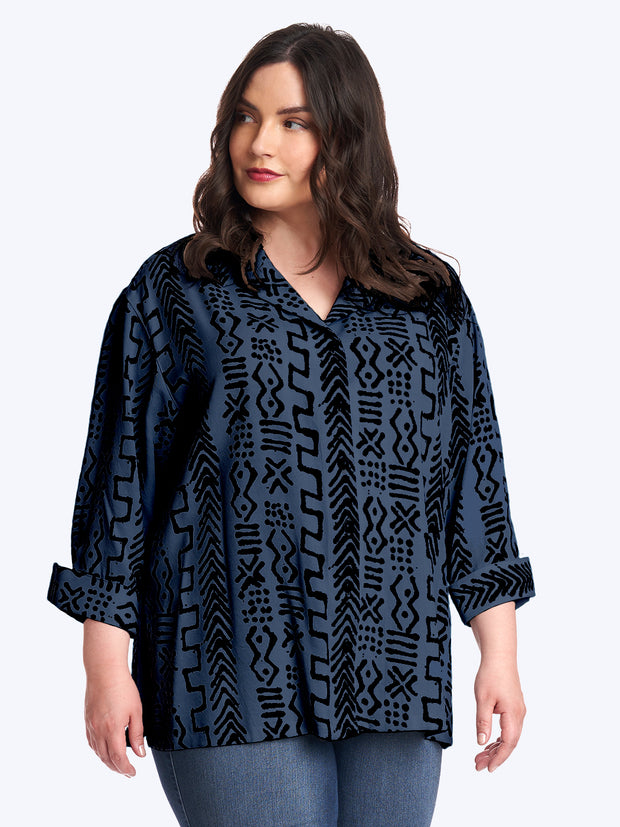 Tianello Plus Mud Print Tencel Aida Blouse-Cobalt