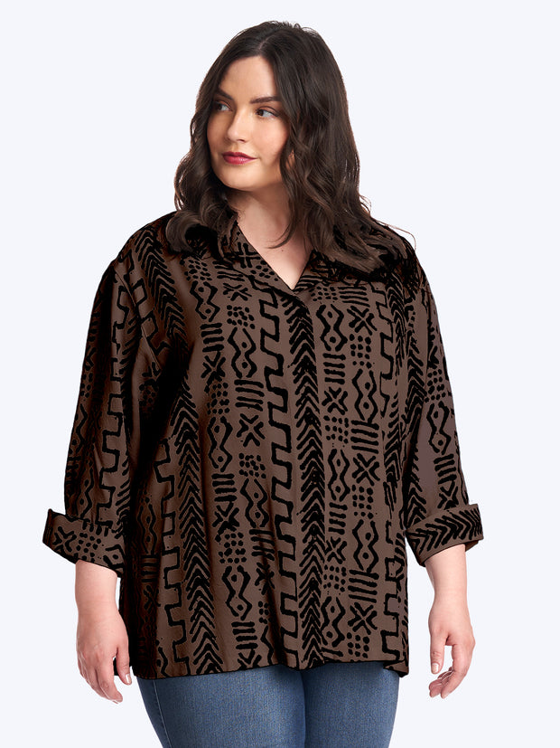 Tianello Plus Mud Print Tencel Aida Blouse-Expresso