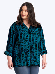 Tianello Plus Mud Print Tencel Aida Blouse-Midnight Teal