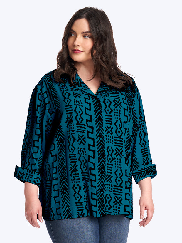 Tianello Plus Mud Print Tencel Aida Blouse-Midnight Teal