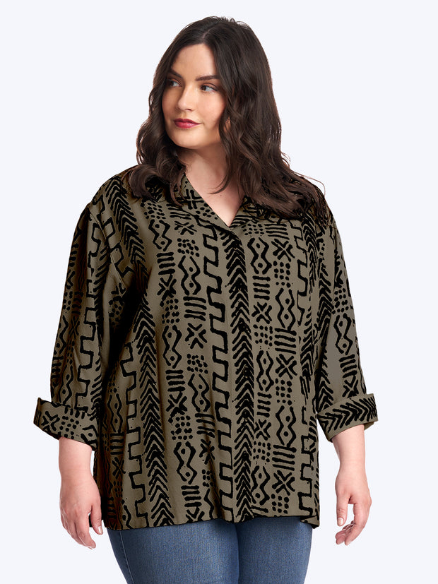 Tianello Plus Mud Print Tencel Aida Blouse-Moss