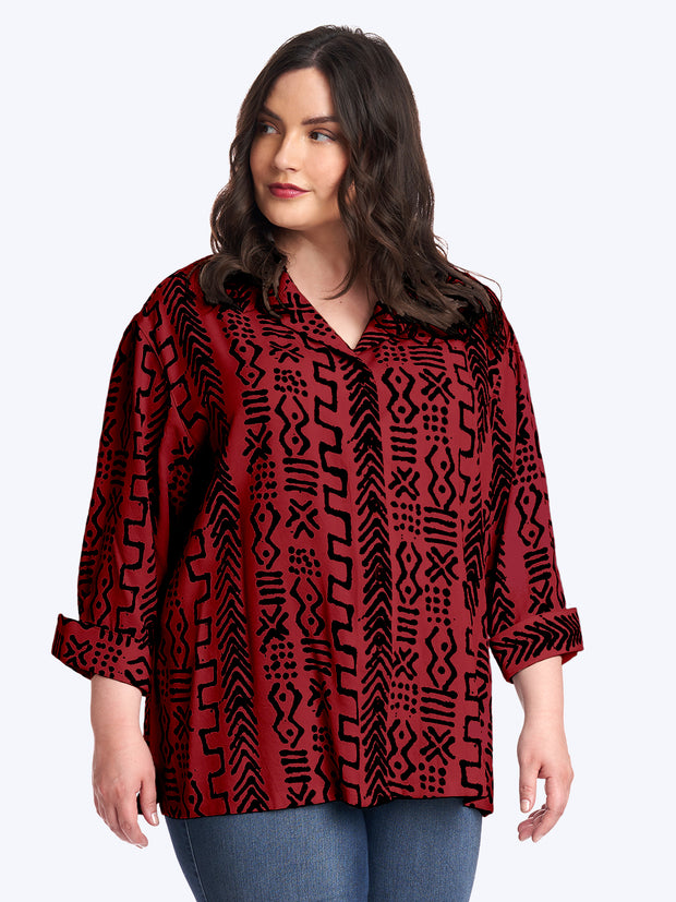 Tianello Plus Mud Print Tencel Aida Blouse-Pomegranate