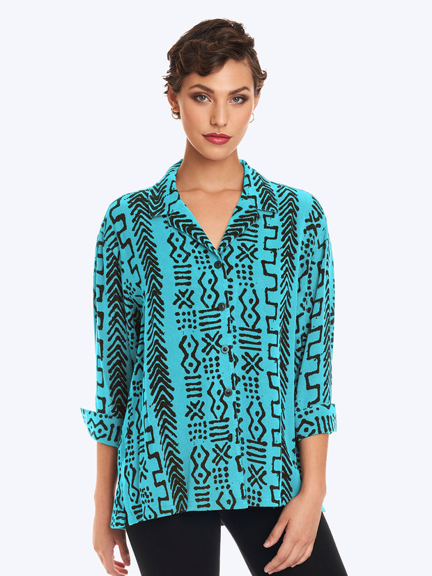 Tianello TENCEL™ Mud Print  "Aida"  Blouse-Glass Blue