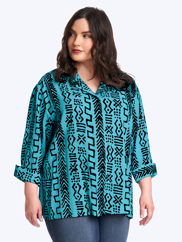Tianello Plus Mud Print Tencel Aida Blouse-Glass Blue
