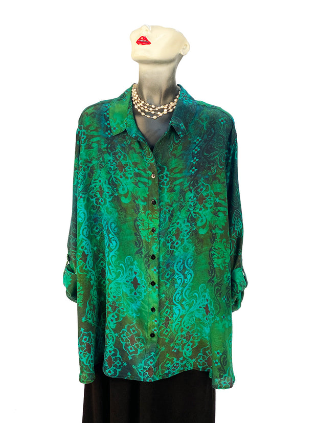 Tianello Plus Sized "Bijou" Washable Silk "Loving" Blouse-Acapulco
