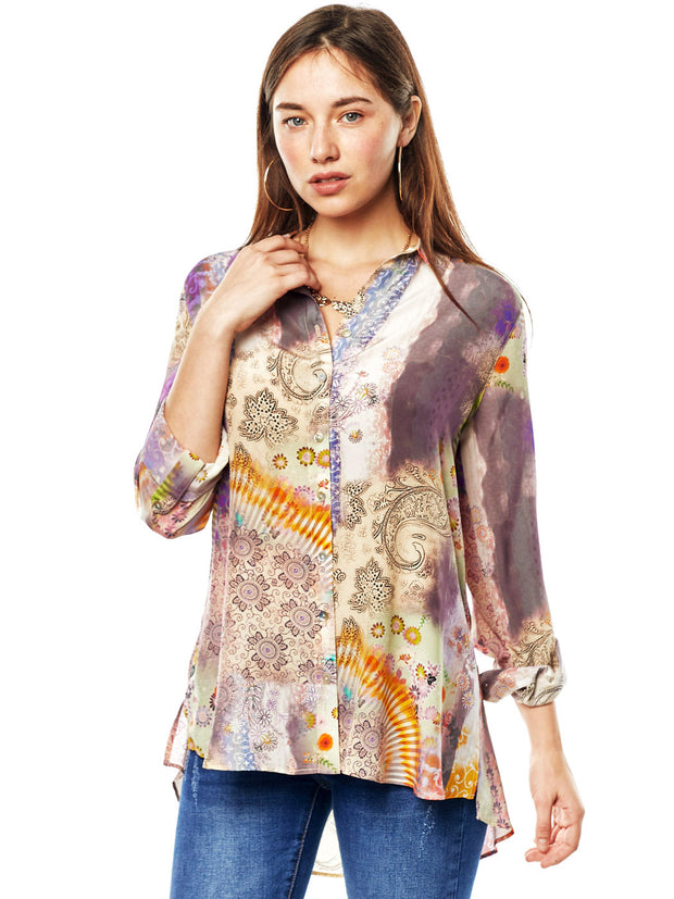 Tianello Plus Sized "Ceclia" Print Washable Silk "Loving" Blouse-Wash