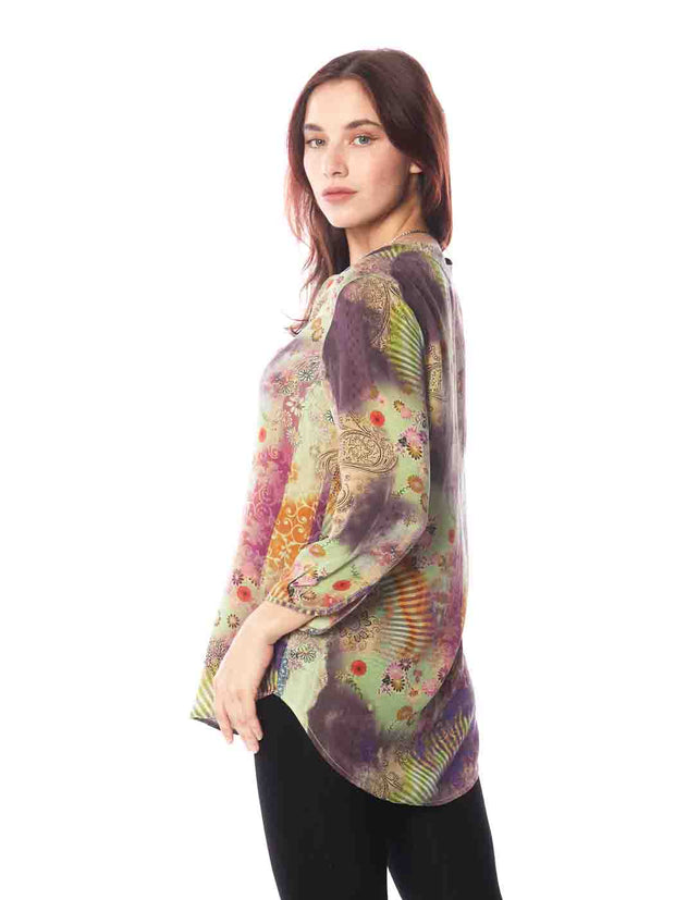 Tianello "Cecilia" Print Washable Silk "Bobbie" Blouse-Basil Green