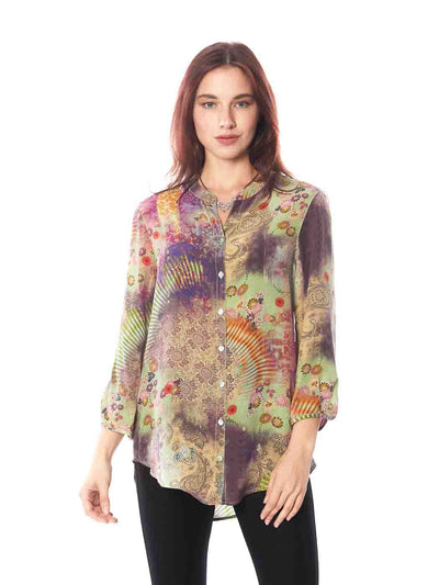 Tianello "Cecilia" Print Washable Silk "Bobbie" Blouse-Basil Green