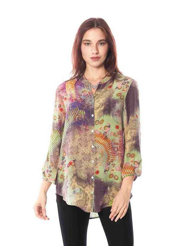 Tianello "Cecilia" Print Washable Silk "Bobbie" Blouse-Basil Green